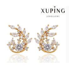 91385 moda elegante CZ diamante en forma de hoja 18k pendiente de joyería de imitación dorado